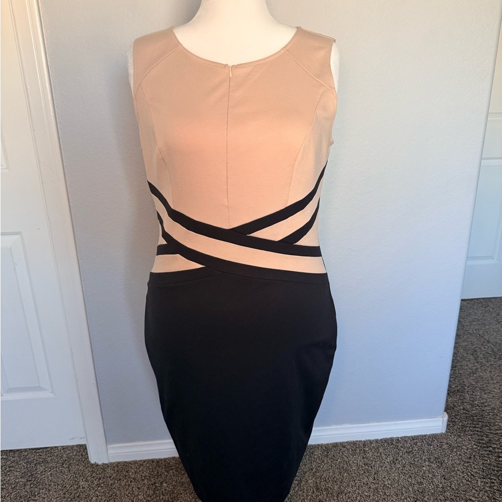 Chic Tan and Black Midi Dress